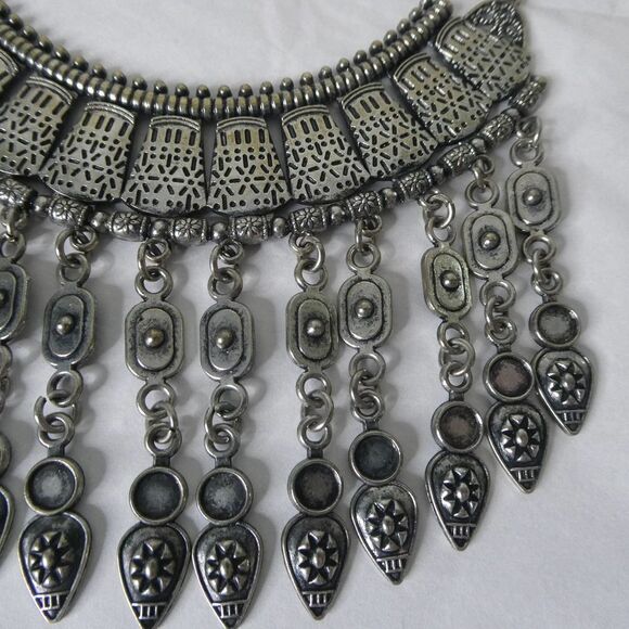 Aztec Tribal Boho Festival Bib Statement Dangle Necklace Silver Tone Charm Bead - Picture 5 of 11